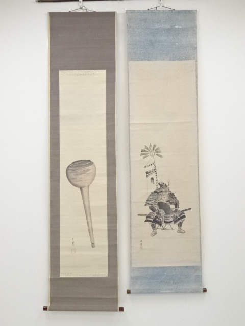 JAPANESE HANGING SCROLL / SET OF 2 / HAND PAINTED / RICE PADDLE & SAMURAI